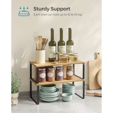 SONGMICS Cabinet Organizer Shelf, Set of 4 Kitchen Counter Shelves, Kitchen Storage, Spice Rack, Stackable, Expandable, Metal and Engineered Wood, Ink Black and Natural Beige UKCS210B01