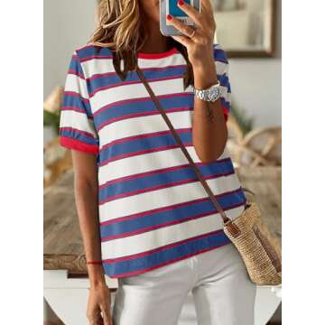 Dokotoo Tops for Women Trendy Summer Casual Short Sleeve T-Shirts Basic Tees Round Neck Striped Color Block Loose Soft Cotton T Shirts Business Work Ladies Top and Blouse Fashion 2025 Red Small