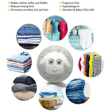 Wool Dryer Balls 3" XL 100% New Zealand Wool Organic Reusable Natural Fabric Softener Hypoallergenic Baby Safe and Unscented Chemical Free to Reduce Wrinkles & Static Cling, Shorten Drying Time -6Pack