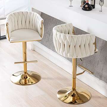 DUOMAY Modern Swivel Bar Stools Set of 2, Velvet Adjustable Height Barstool with Barrel Back Kitchen Island Counter Bar Chair with Golden Base, White
