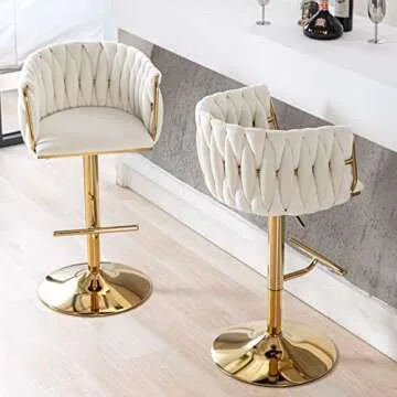 DUOMAY Modern Swivel Bar Stools Set of 2, Velvet Adjustable Height Barstool with Barrel Back Kitchen Island Counter Bar Chair with Golden Base, White
