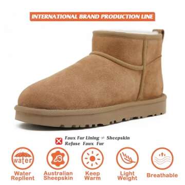 Mel&Syd 100% Australian Sheepskin Boots Womens - Upgraded Memory Foam Insole Waterproof Suede Ultra Mini Boots - Anti-Slip Comfy Winter Shearling Boots for Womens - Ankle Platform Snow Boots for Women