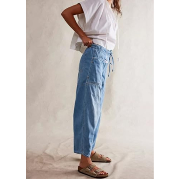 Women Loose Cropped Jeans Baggy Mid Rise Jeans Vintage Barrel Jeans Boyfriend Denim Pants Y2k Clothes Light Blue