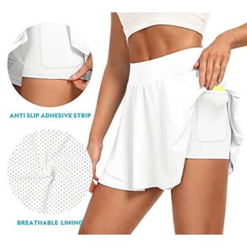 IUGA Tennis Skirt Pleated Skorts for Woman Double Ruffle Golf Skirts for Women Skort with Pockets Tummy Control Athletic Skirt White