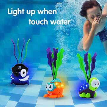 JOYIN Light-up Diving Pool Toys Set, 3 Pack Diving Toy Swimming Pool Toys for Kids Animals Turtle Shark Seaweed Dive Toys