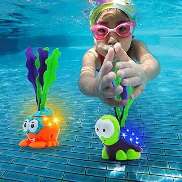 JOYIN Light-up Diving Pool Toys Set, 3 Pack Diving Toy Swimming Pool Toys for Kids Animals Turtle Shark Seaweed Dive Toys