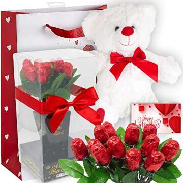 Valentine's Day Gift Basket | Teddy Bear Plush 11 Inches, Dozen Belgian Milk Chocolate Flower Roses Bouquet, Gift Bag & Card | For Her Wife Girlfriend Mother Daughter (Love)