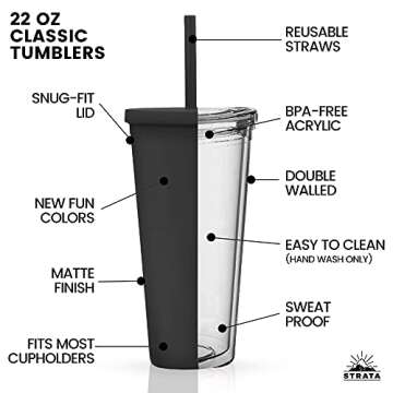 STRATA CUPS Classic Black Tumblers with Lids (4 pack) - 22oz Colored Acrylic Cups with Lids and Straws, Double Wall Matte Plastic Bulk Tumblers With FREE Straw Cleaner! Vinyl Customizable DIY Gifts