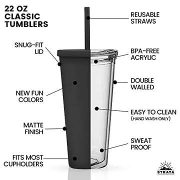 STRATA CUPS Classic Black Tumblers with Lids (4 pack) - 22oz Colored Acrylic Cups with Lids and Straws, Double Wall Matte Plastic Bulk Tumblers With FREE Straw Cleaner! Vinyl Customizable DIY Gifts