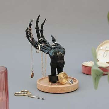 Suck UK | Skeleton Ring Holder | Gothic Jewellery Organiser & Gothic Jewellery Box | Halloween Stand Or Trinket Dish | Goth Home Decor & Goth Decor | Gifts For Women | Black
