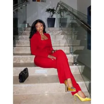 Kafiloe Women Sexy 2 Piece Outfits Clubwear Going Out Flare Long Sleeve Top Elegant Pants Suit Birthday Outfits Red L
