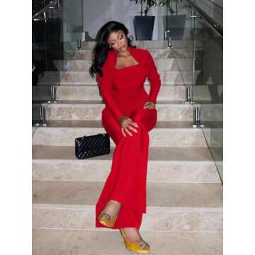 Kafiloe Women Sexy 2 Piece Outfits Clubwear Going Out Flare Long Sleeve Top Elegant Pants Suit Birthday Outfits Red L