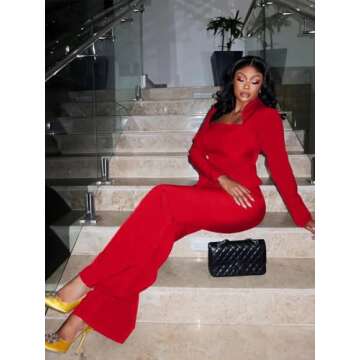 Kafiloe Women Sexy 2 Piece Outfits Clubwear Going Out Flare Long Sleeve Top Elegant Pants Suit Birthday Outfits Red L