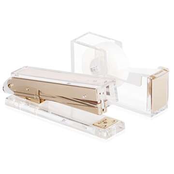 Desk Swag Acrylic Gold Stapler and Tape Dispenser Set: Modern High End Luxury Desk Accessories Set - Tape and Stapler