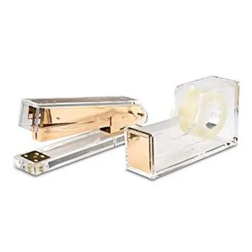 Desk Swag Acrylic Gold Stapler and Tape Dispenser Set: Modern High End Luxury Desk Accessories Set - Tape and Stapler