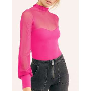 miduo Womens Elegant Mesh Tops Mock Neck Layering Top Long Sleeve Knit Ribbed Blouses Tops Shirts Hot Pink M