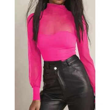 miduo Womens Elegant Mesh Tops Mock Neck Layering Top Long Sleeve Knit Ribbed Blouses Tops Shirts Hot Pink M