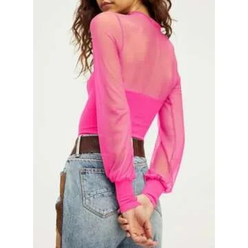 miduo Womens Elegant Mesh Tops Mock Neck Layering Top Long Sleeve Knit Ribbed Blouses Tops Shirts Hot Pink M