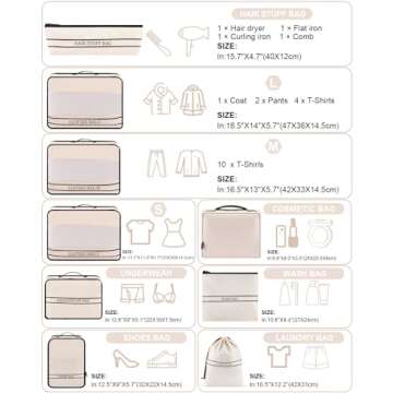 Ougrand 9 Set Packing Cubes Luggage Packing Organizers for Travel Accessories Space Saving Travel Bags for Carry On, Lightweight Mesh Zipper, Clothes, Shoes, Laundry and Shoe Bag, Suitcases (Cream)