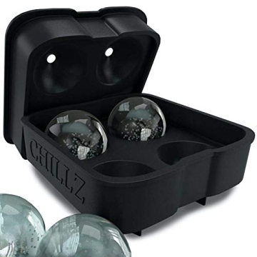 Chillz Ice Ball Maker Mold - Black Flexible Silicone Ice Tray - Molds 4 X 4.5cm Round Ice Ball Spheres
