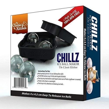 Chillz Ice Ball Maker Mold - Black Flexible Silicone Ice Tray - Molds 4 X 4.5cm Round Ice Ball Spheres