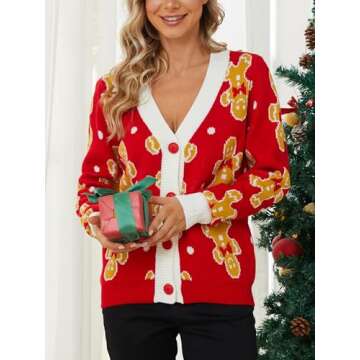 VENTELAN Classic Cardigan Ugly Christmas Sweaters for Women V Neck Button Down Sweater with Fun Patterns and Animals,L Red