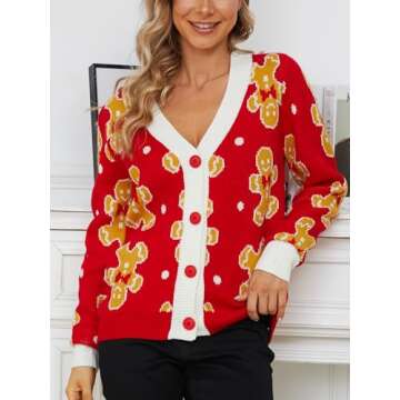 VENTELAN Classic Cardigan Ugly Christmas Sweaters for Women V Neck Button Down Sweater with Fun Patterns and Animals,L Red