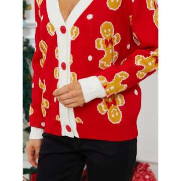 VENTELAN Classic Cardigan Ugly Christmas Sweaters for Women V Neck Button Down Sweater with Fun Patterns and Animals,L Red
