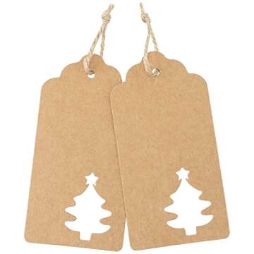 G2PLUS Christmas Gift Tags with String, 100PCS Kraft Paper Christmas Gift Tags, Hollow Christmas Tree Gift Tags, Xmas Present Hanging Name Tags for Christmas, Gift Wrapping, Party Decor (2'' x 4'')