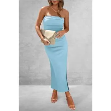 PRETTYGARDEN Women's Summer Bodycon Maxi Tube Dress Ribbed Strapless Side Slit Long Going Out Casual Elegant Party Dresses (Aqua Blue,X-Small)
