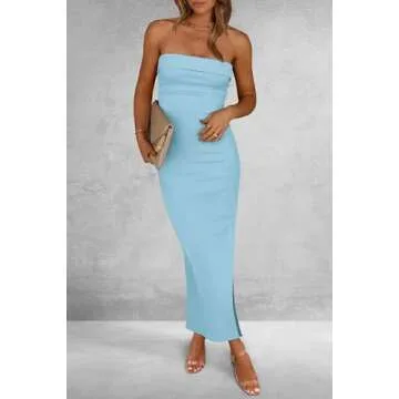 PRETTYGARDEN Women's Summer Bodycon Maxi Tube Dress Ribbed Strapless Side Slit Long Going Out Casual Elegant Party Dresses (Aqua Blue,X-Small)
