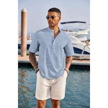 COOFANDY Men's Linen Henley Shirts Summer Beach Short Sleeve Loose Fit T Shirt Button Up Lightweight...