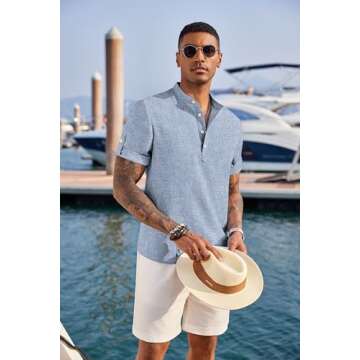 COOFANDY Men's Linen Henley Shirts Summer Beach Short Sleeve Loose Fit T Shirt Button Up Lightweight Casual Tee