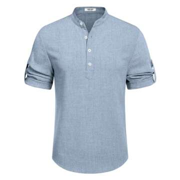 COOFANDY Men's Linen Henley Shirts Summer Beach Short Sleeve Loose Fit T Shirt Button Up Lightweight Casual Tee