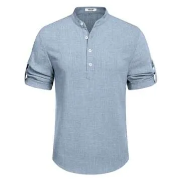 COOFANDY Men's Linen Henley Shirts Summer Beach Short Sleeve Loose Fit T Shirt Button Up Lightweight Casual Tee