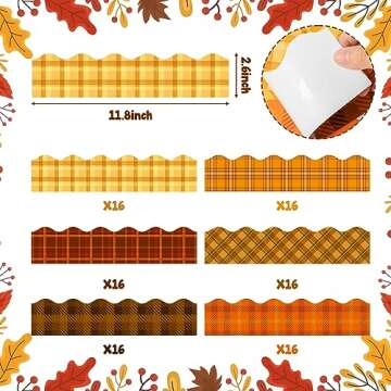 BeYumi 96Pcs Fall Yellow Orange Brown Plaid Bulletin Board Borders Autumn Thanksgiving Plaid Scallop...