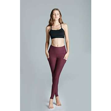 TSLA Women's Tummy Control Yoga Pants Running Yoga Leggings, 4 Way Stretch Athletic Pants for Workout, Pocket Pants Dark Plum, Large