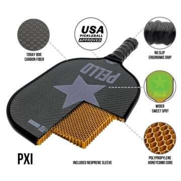 PELLO PXI Carbon Fiber Pickleball Paddles | USA Pickleball Approved | Professional Polypropylene Honeycomb Core | Perfect Balance of Power & Control | Pickle Ball Racquet with Neoprene Case
