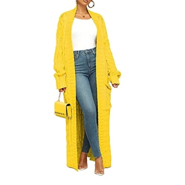 DIVOSEKY Stylish Cable Knit Dual Pocket Cardigan for Women - Yellow Extra Long Maxi