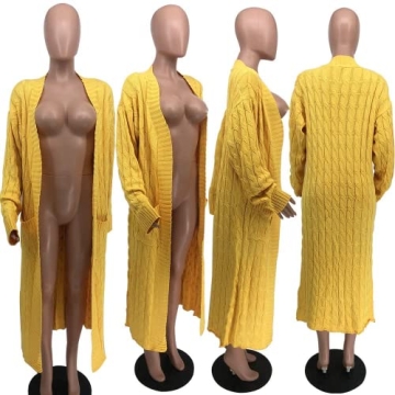 DIVOSEKY Stylish Cable Knit Plus Size Yellow Cardigan