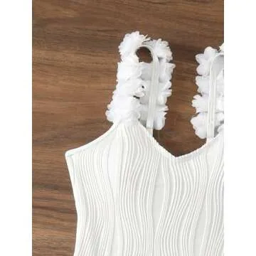 OYOANGLE Women's Textured One Piece Swimsuit Floral Appliques Spaghetti Strap Tummy Control Bathing Suits White Medium