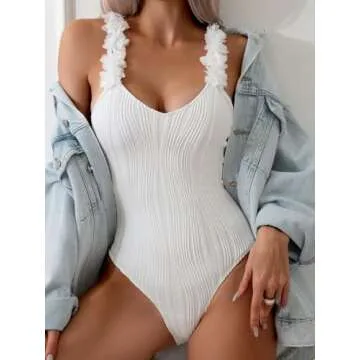 OYOANGLE Women's Textured One Piece Swimsuit Floral Appliques Spaghetti Strap Tummy Control Bathing Suits White Medium