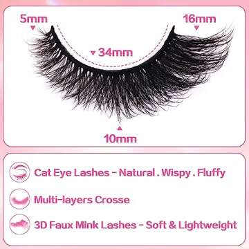 False Lashes Natural Look Faux Mink Lashes Fluffy Fake Eyelashes 16MM Cat Eye Lashes Wispy False Eye...