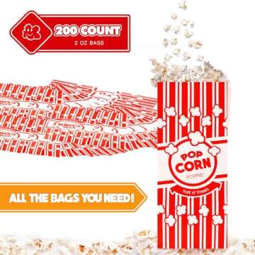Poppy's Paper Popcorn Bags - 200 1oz Concession-Grade Bags, Popcorn Machine Accessories for Popcorn ...