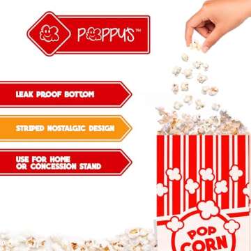 Poppy's Paper Popcorn Bags - 200 1oz Concession-Grade Bags, Popcorn Machine Accessories for Popcorn Bars, Movie Nights, Concessions