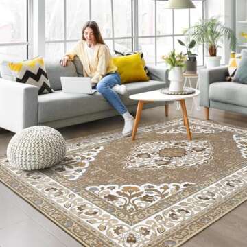 B BENRON Soft Living Room Rug 4x6, Brown, Thin Rugs for Bedroom, Floral Rug with Memory Foam, Low-Pi...