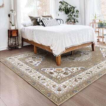 B BENRON Soft Living Room Rug 4x6, Brown, Thin Rugs for Bedroom, Floral Rug with Memory Foam, Low-Pile Area Rug Home Decor