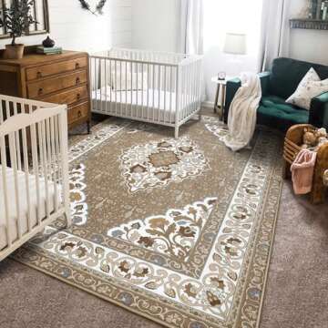 B BENRON Soft Living Room Rug 4x6, Brown, Thin Rugs for Bedroom, Floral Rug with Memory Foam, Low-Pile Area Rug Home Decor