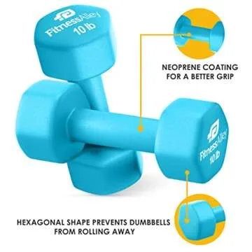 Fitness Alley Neoprene Coated 10lb Workout Dumbbells set of 2 – Anti Roll, Non Slip with Smooth Grip Fitness & Exercise Dumbbells – Hexagon Shaped Hand Weights for Women & Men – Best Choice for Gyms &