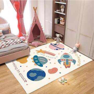 ABREEZE Play Mat, Faux Wool Kids Play Area Rugs 4' x 5.3' Kids Nursery Door Mat Soft Plush Non-Slip Childrens Carpet for Bedroom Living Room Kids Playroom，Space